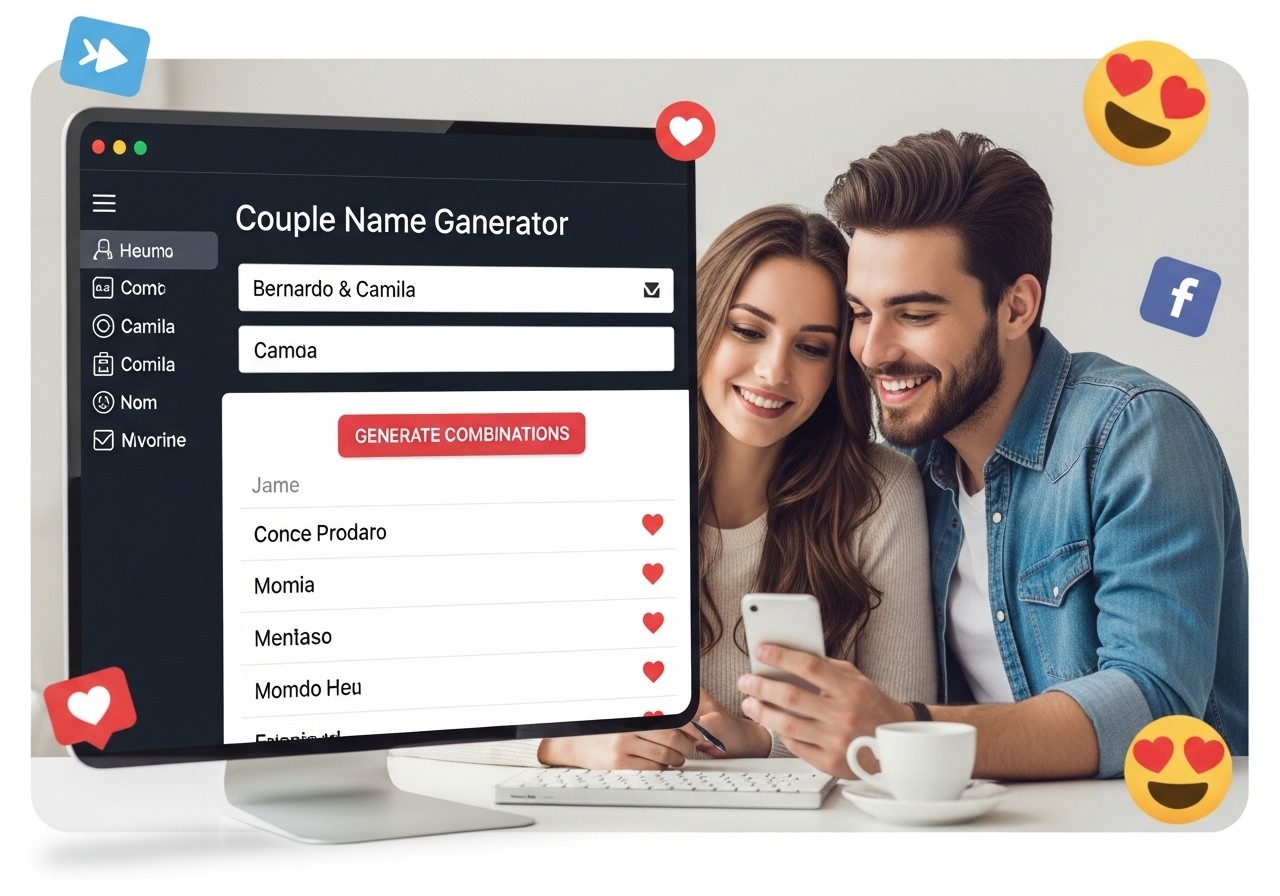 Casal usando ferramenta online para gerar nomes de casal, com resultados criativos e botão de “Gerar Combinações” visível na tela.

