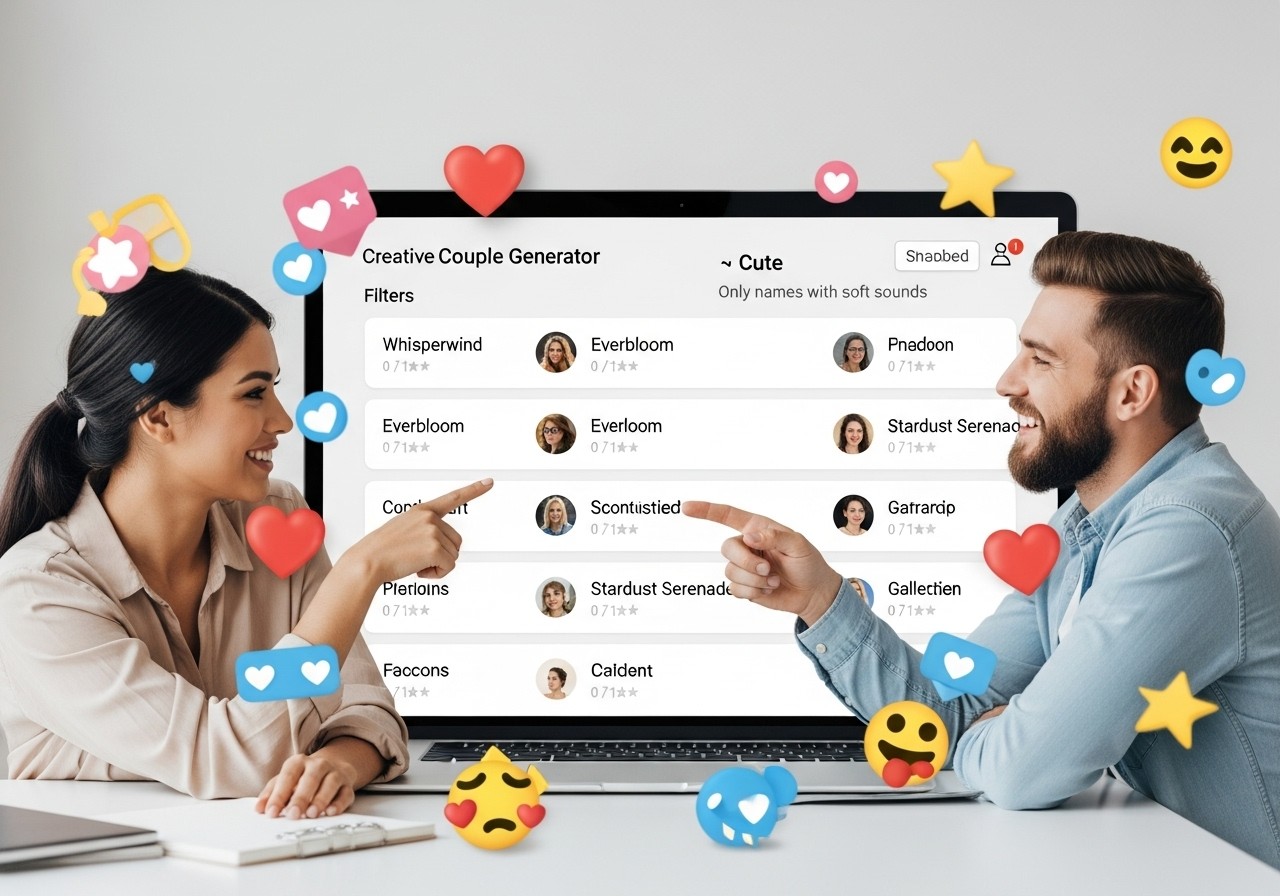 Casal explorando filtros e combinações criativas em um gerador de nomes de casal, com resultados fofos e personalizados visíveis na tela.


