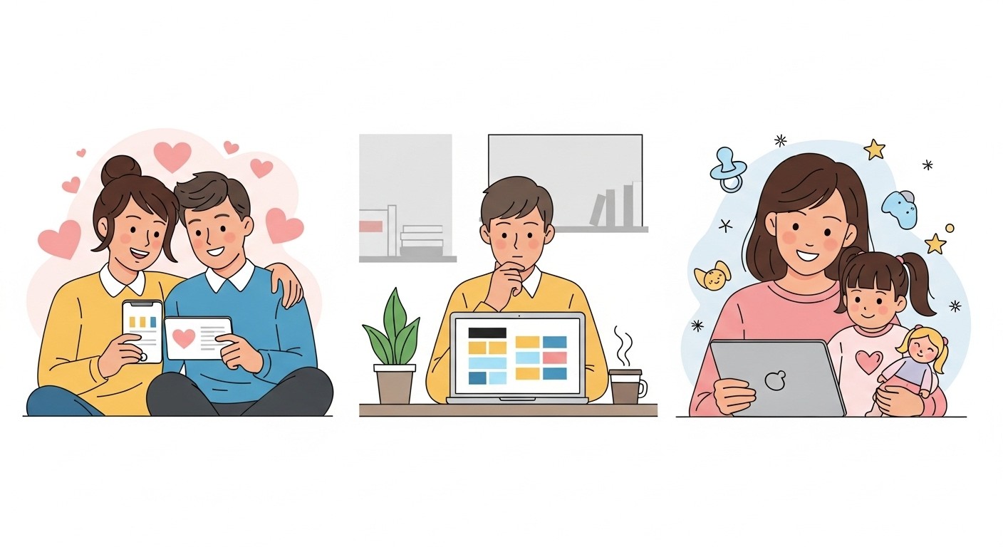 Ilustração mostrando três usos de um gerador de nomes: casal criando nome romântico, pessoa trabalhando em nome de marca, e mãe com filha escolhendo nome de bebê