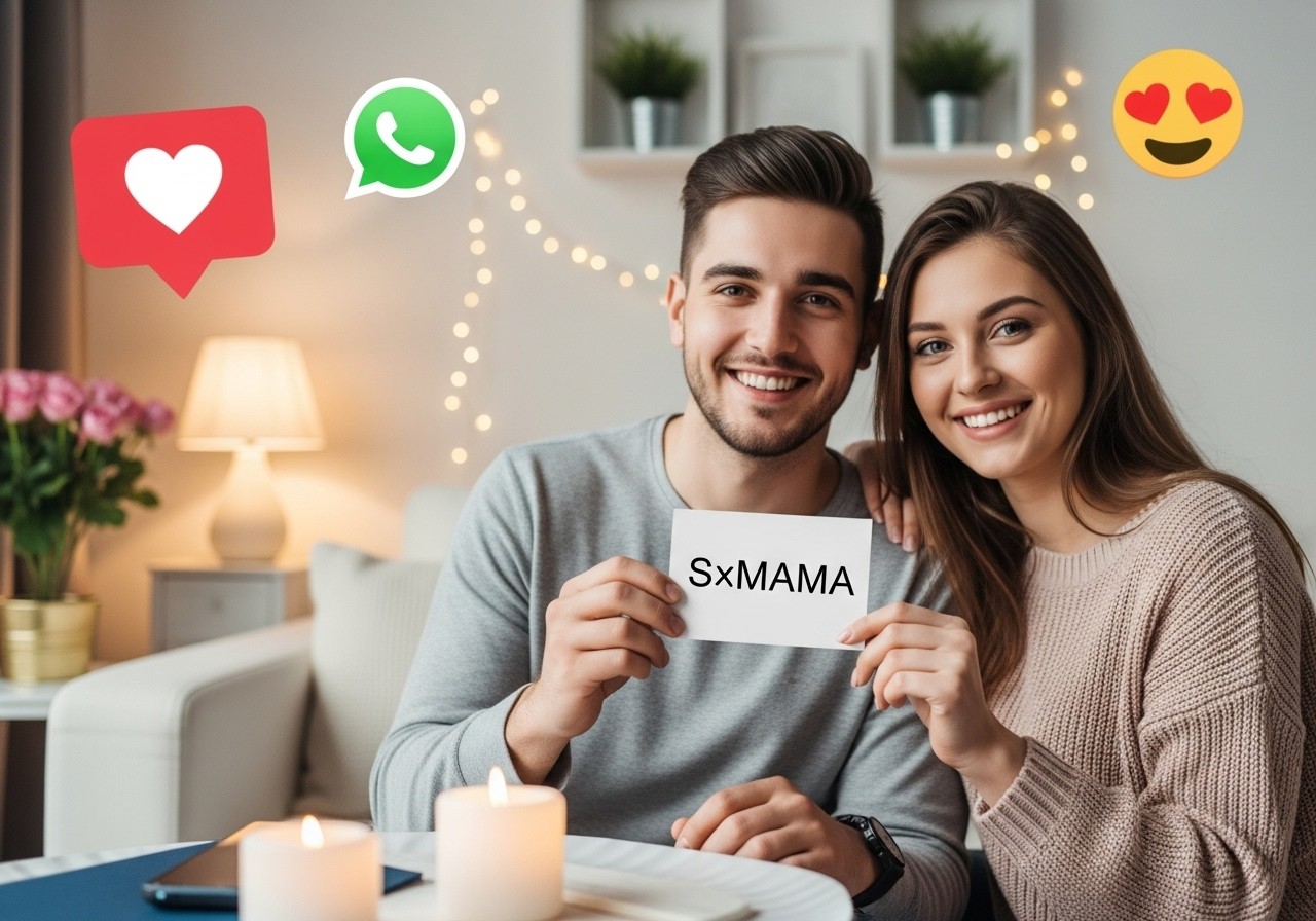 Casal feliz segurando celular com nome de casal gerado, representando a mistura criativa de nomes em um relacionamento romântico.

