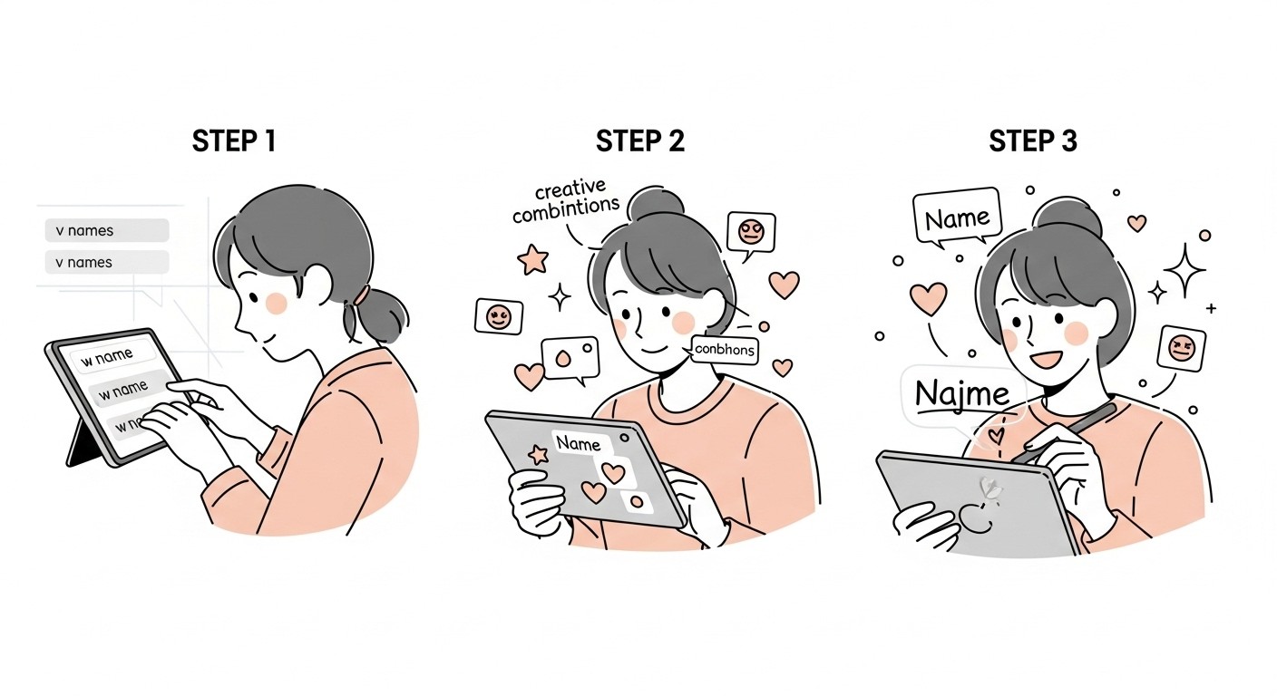 Ilustração em três etapas mostrando como usar um gerador de nomes: digitar os nomes, explorar sugestões e personalizar o resultado