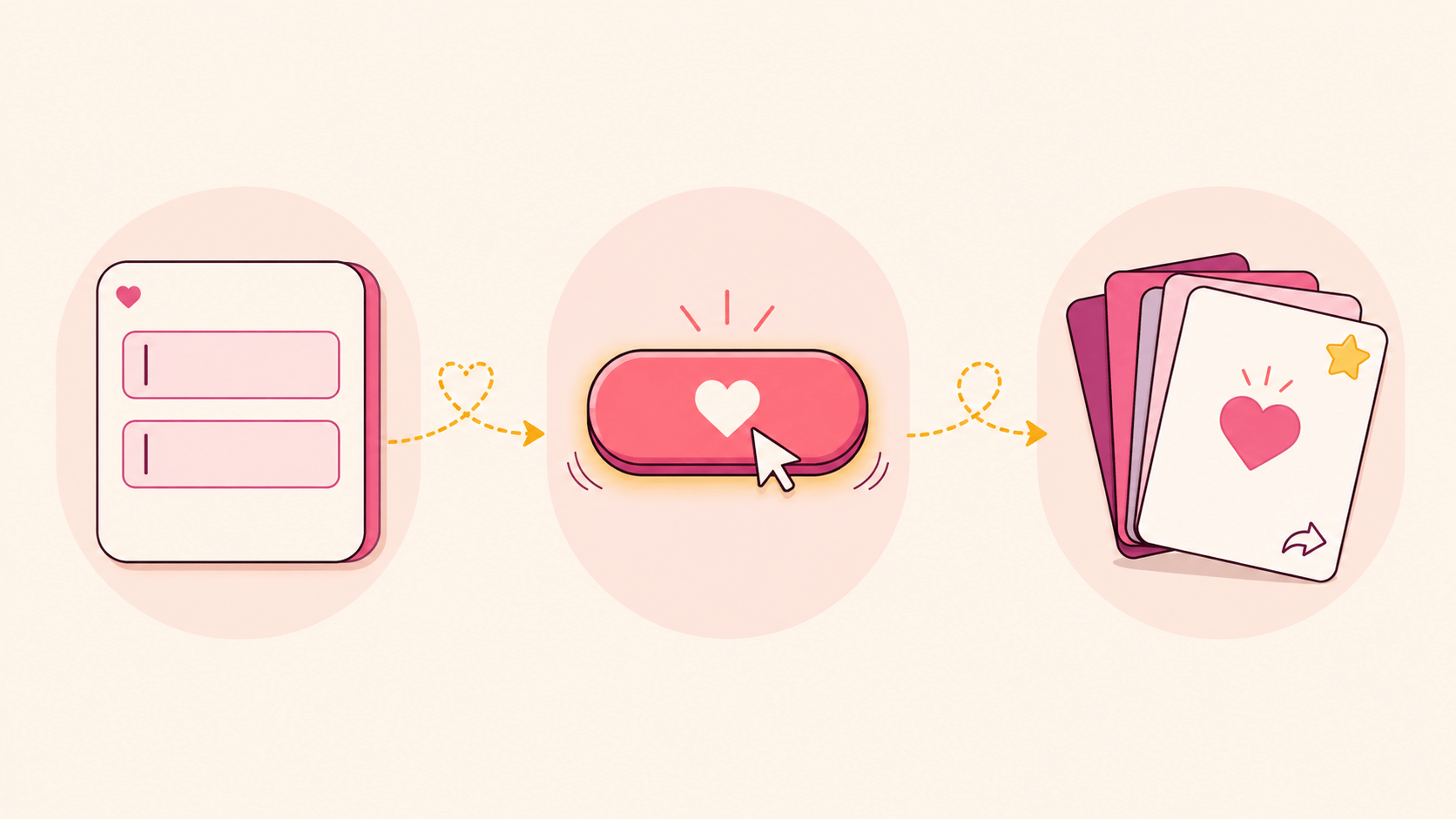 Ilustração dos 3 passos para usar o gerador de nomes de casal: digitar os nomes, gerar combinações e salvar o favorito