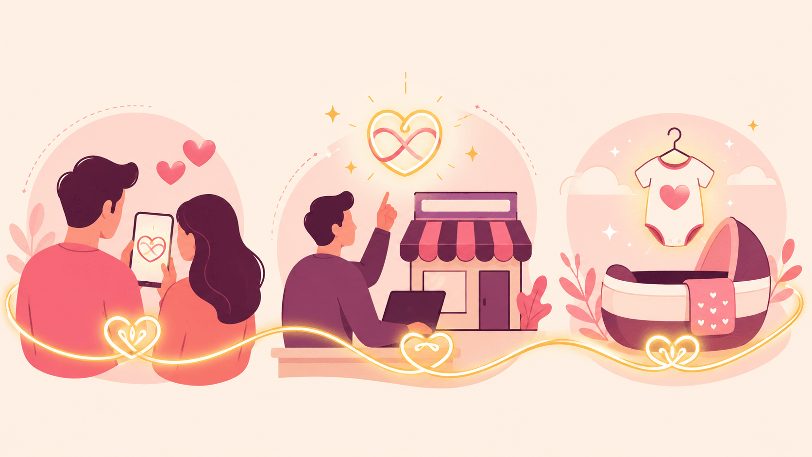 Ilustração mostrando como o gerador de nomes cria identidade para casais, marcas novas e bebês, todos conectados por um mesmo processo criativo